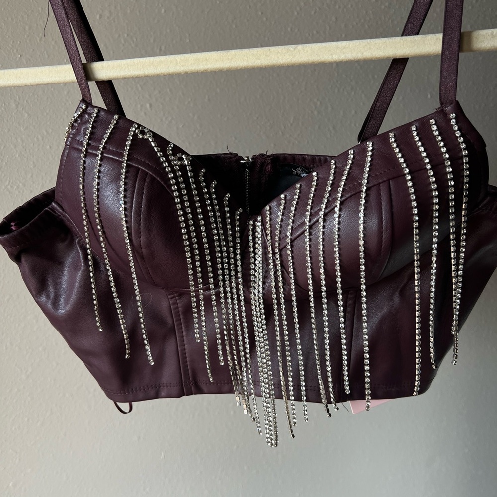Burgundy Leather Crop Top with Rhinestone Chain Tassels New with Tags